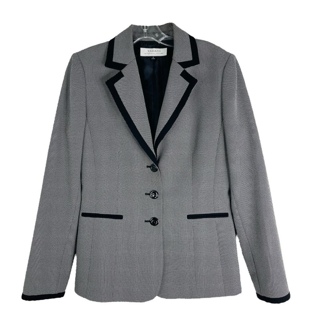Tahari black white dot button preppy office blazer 8